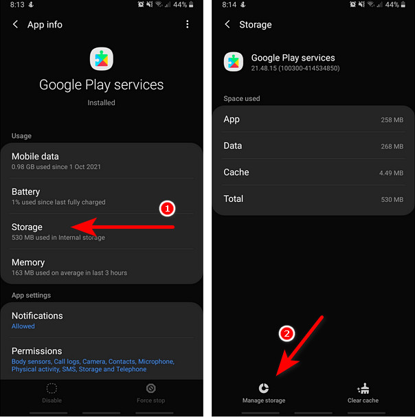 Manage Google Play services storage