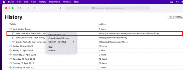 URL List on Safari History