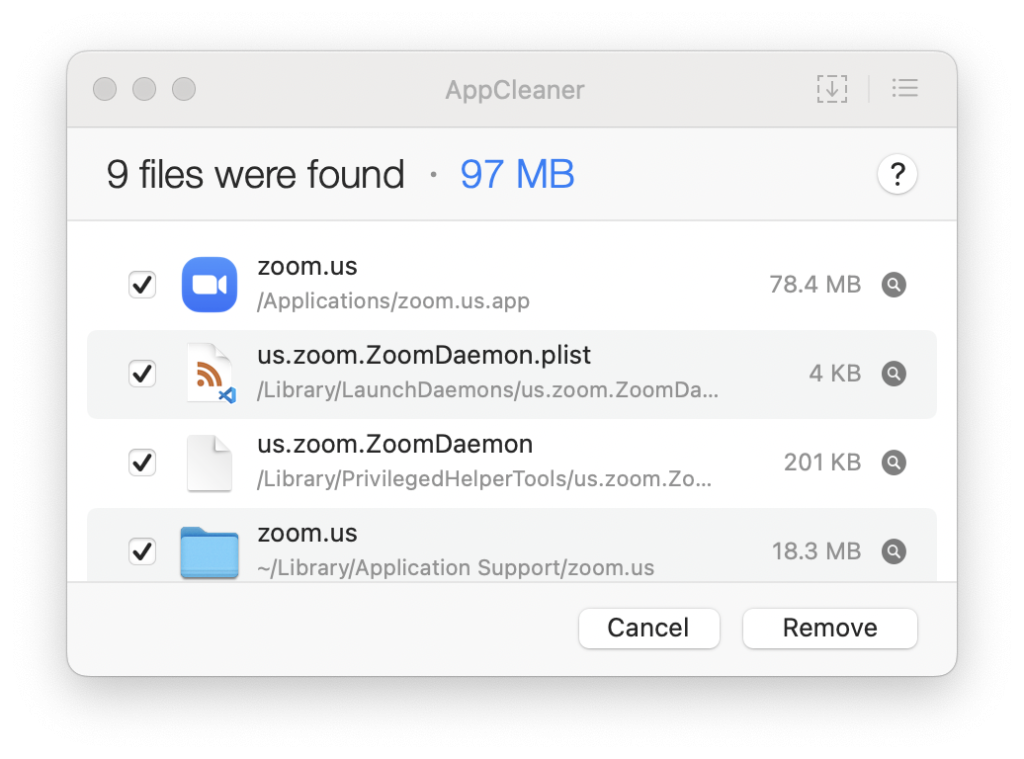 AppCleaner showing the app and all its files to be deleted from Mac