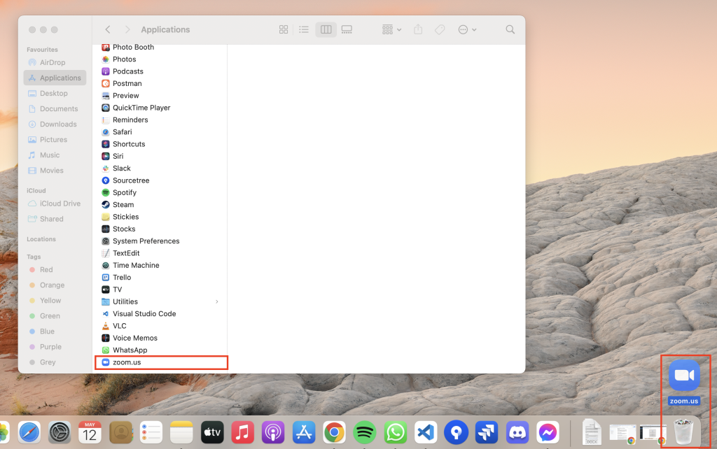 Application being dragged from Finder's Applications folder to Bin