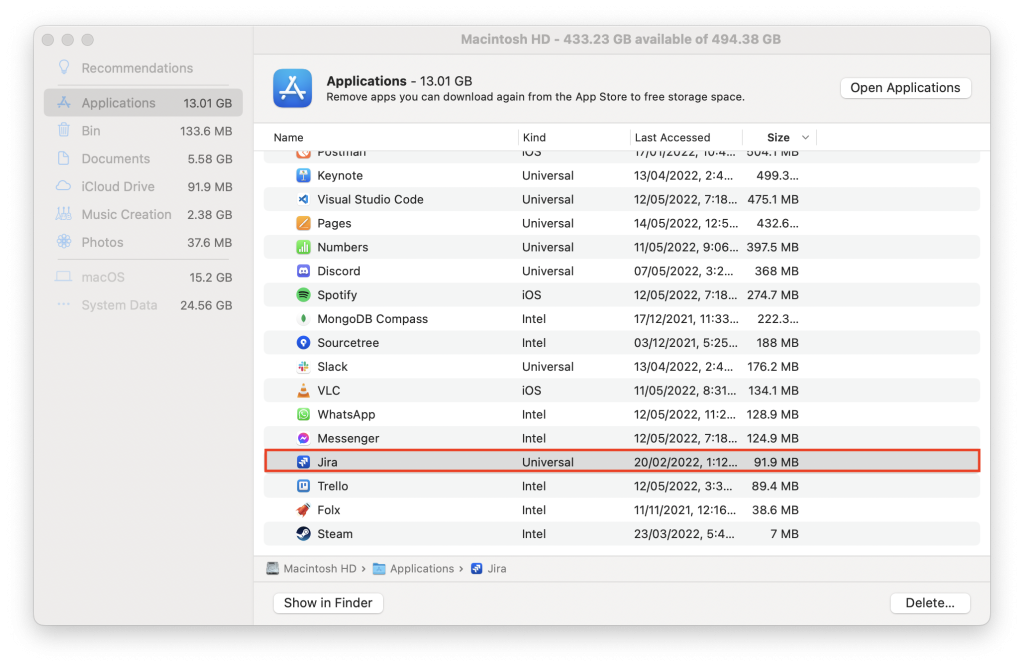 Applications list in the Applications management window of Mac's Hardrive management program