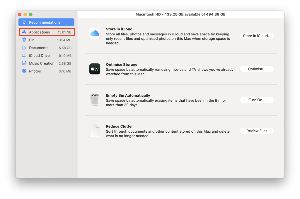 Applications option in the sidebar of Mac's hard-drive management window