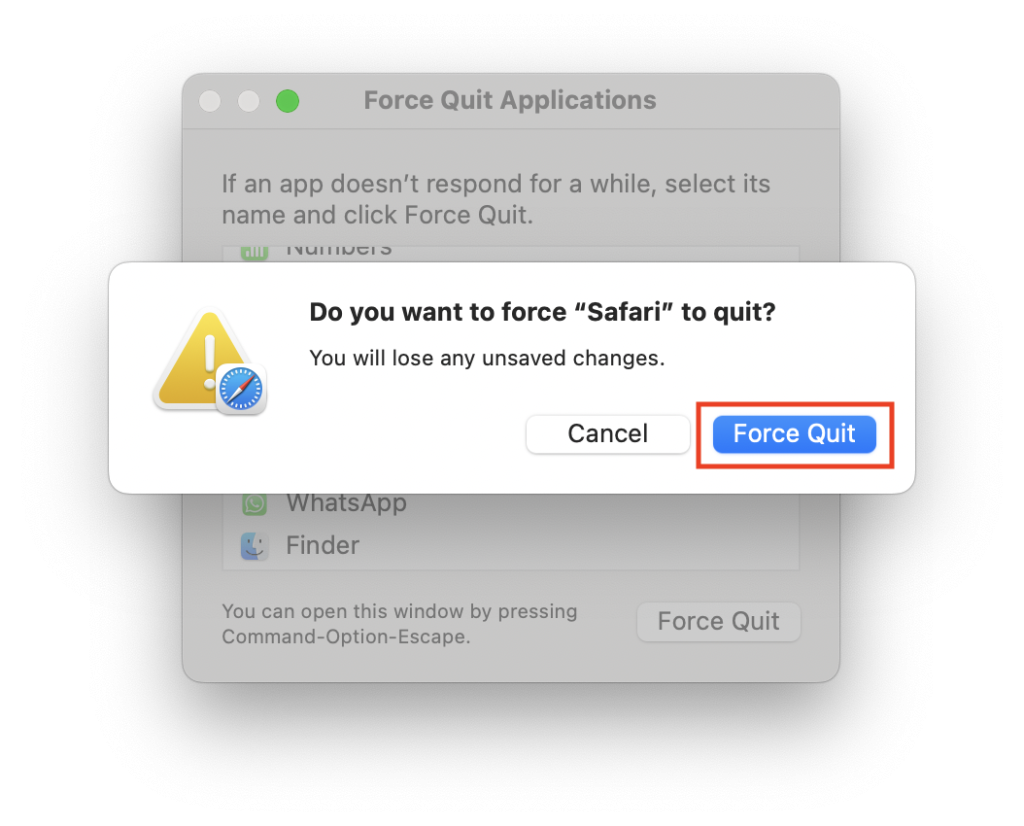 Confirmation dialogue box in the macOS Force Quit Applications window
