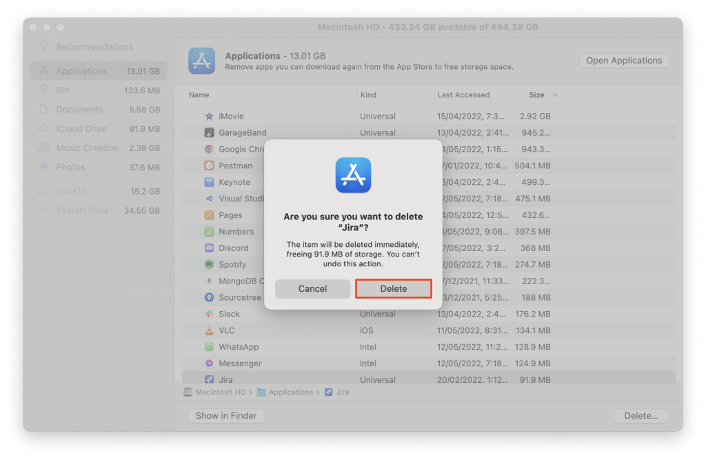 Confirmation dialogue box to delete apps from the Applications management window in Mac's hard drive management program