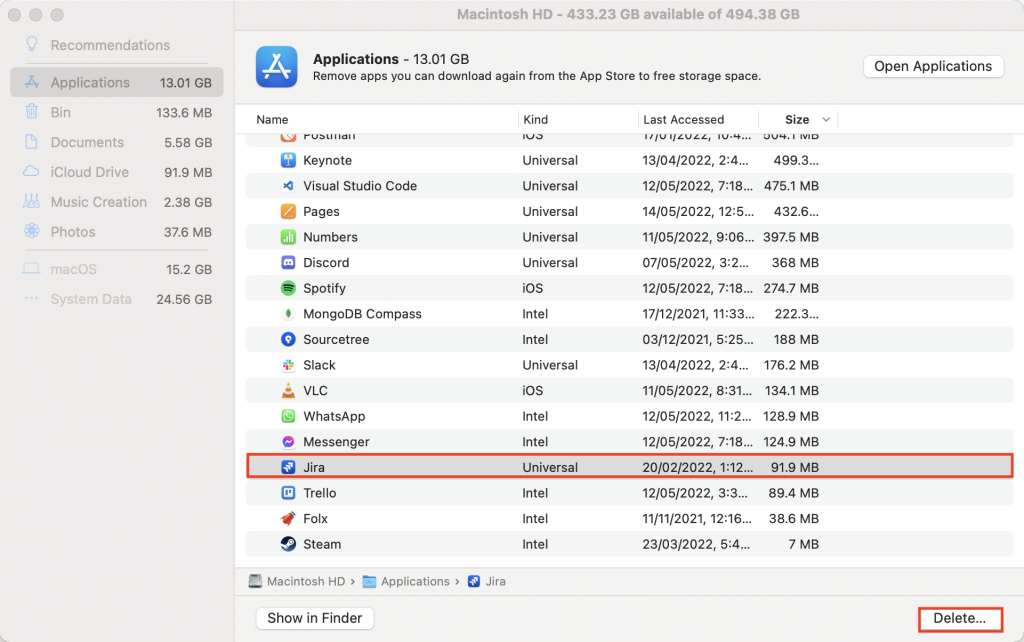 Delete button in the Applications management window of Mac's hard-drive management program