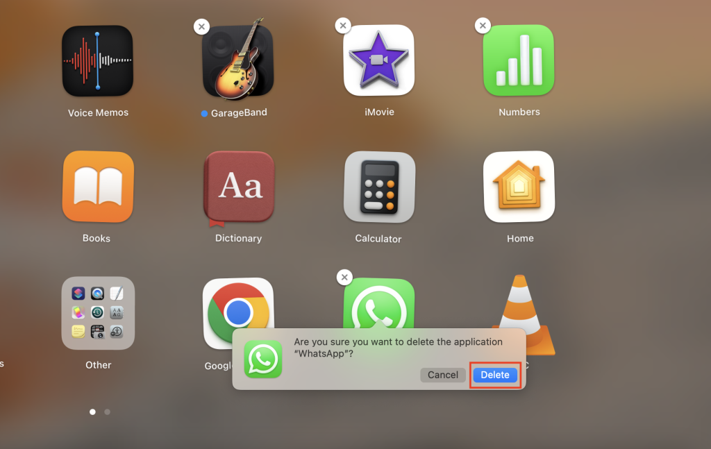 Delete button on the confirmation dialogue box to delete an app from Launchpad in macOS