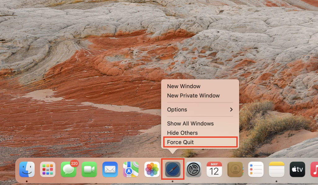 Force Quit option in macOS app's options menu