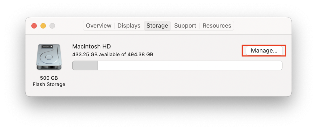 Manage... option in the Storage tab of Mac's system information window