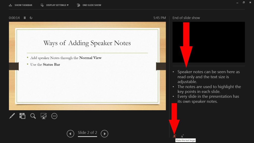 Microsoft Power Point SLide Show in Presenter View Speaker notes