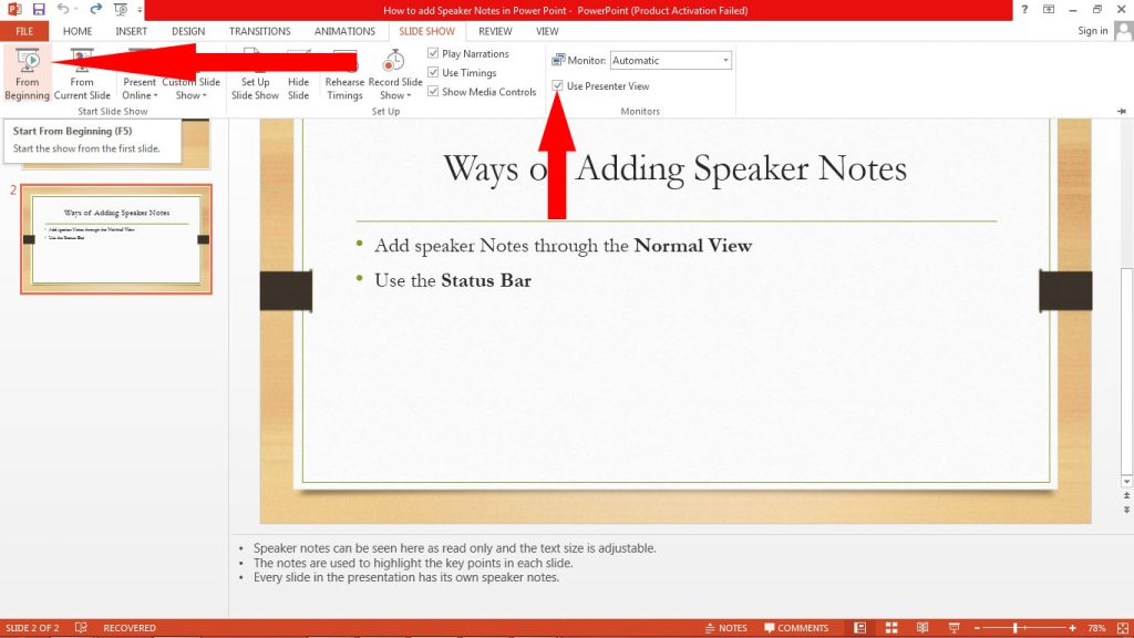 Microsoft Power Point Start slide show using From Begining option with Presenter View