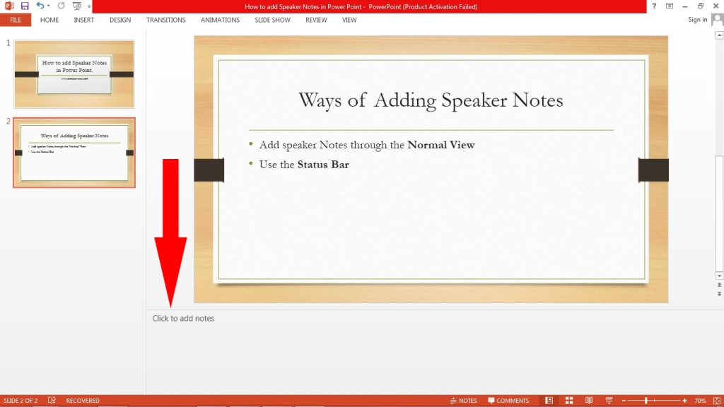 Microsoft Power Point blank speaker notes panel