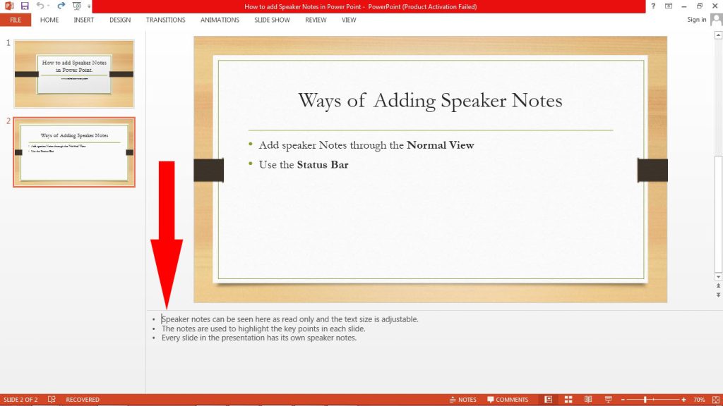 Microsoft Power Point speaker notes panel with sample notes