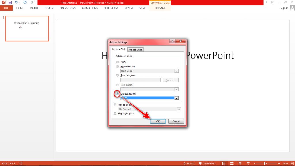 PowerPoint Action Settings dialog box Object Action
