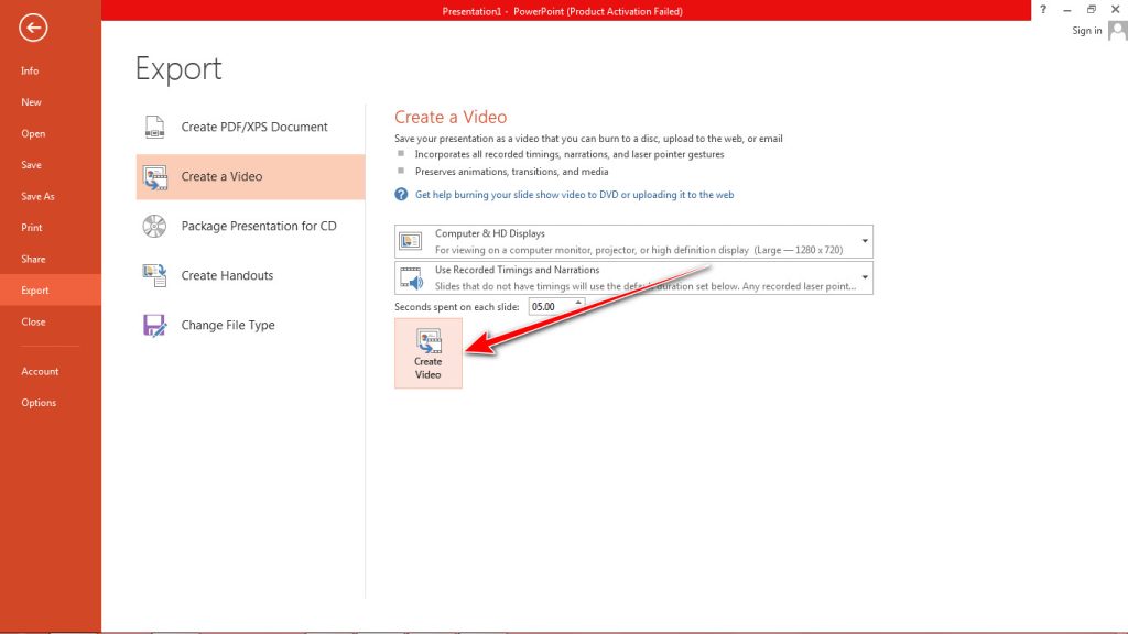 PowerPoint Create Video Command