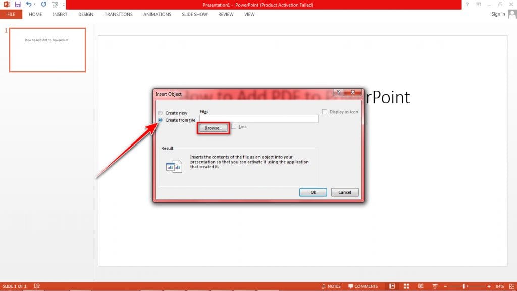 PowerPoint Insert Object Dialog box Create from File option