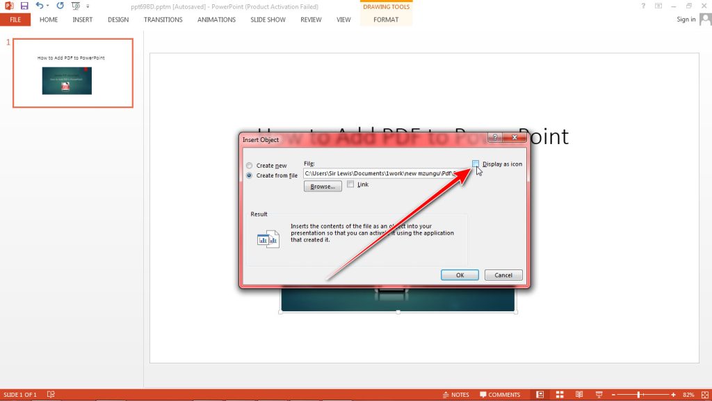 PowerPoint Insert Object dialog box Insert as icon option