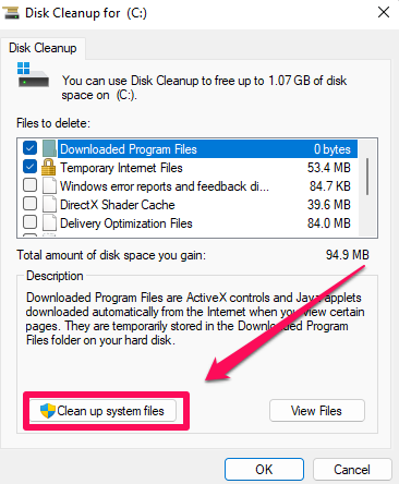 Click the Clean up system files button.