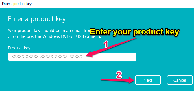 Enter a valid product key and select Next.