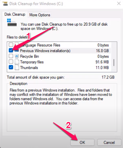 Find Previous Windows installations in the list and check the box next to it.