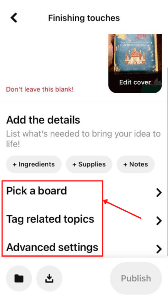 Finishing touches options in Pinterest app