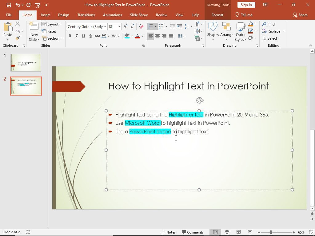 PowePoint multiple highlighted text
