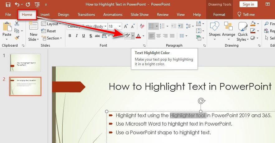 PowerPoint Text Highlight Color tool