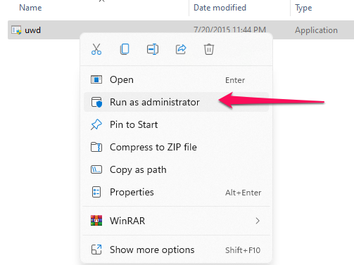Run the uwd file as administrator.