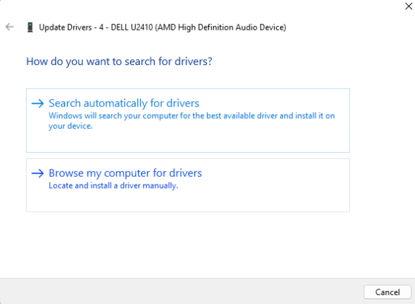 Two options appear: Search automatically for drivers and Browse my computer for drivers.
