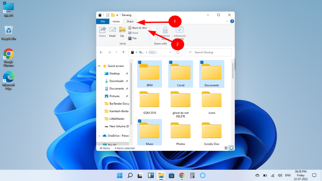 Go to share and select burn to disc