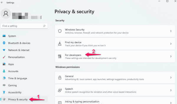 Go to Privacy & security > For developers.