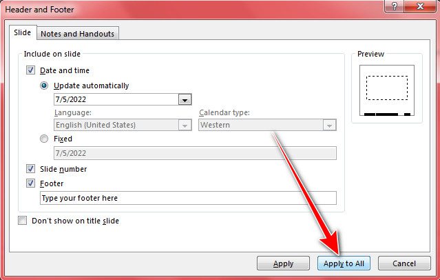 PowerPoint Apply to All comand in header and footer dialogue box