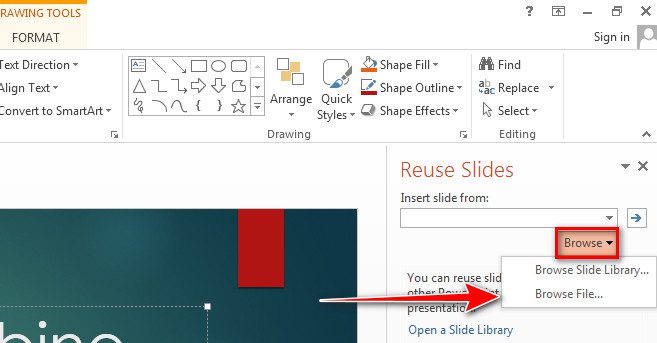 PowerPoint Browse File command in reuse file section
