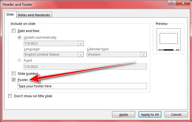 PowerPoint Footer checkbox in header and footer dialogue box
