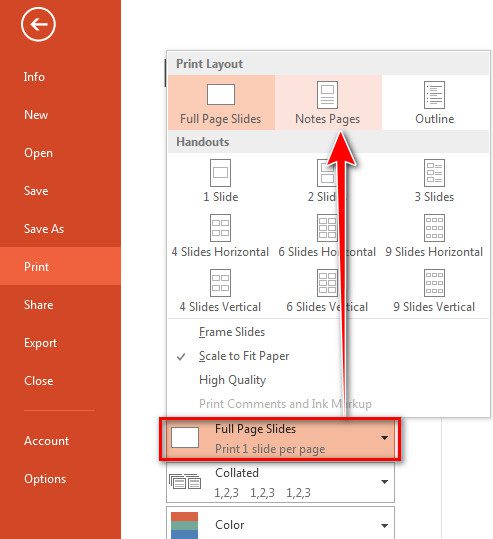 PowerPoint Notes pages option in print