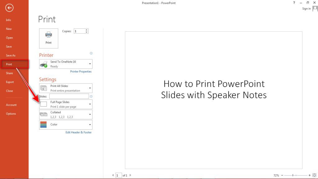 PowerPoint Print in full page slides option