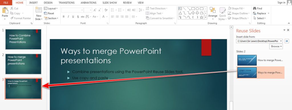 PowerPoint insert slide using reuse slides tool
