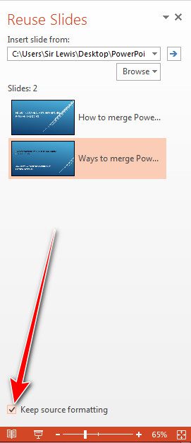 PowerPoint keep source formatting when inserting slides
