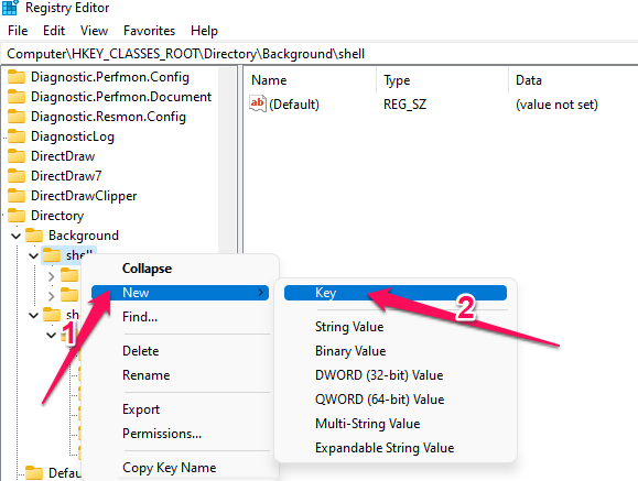 Right-click shell and select New > Key.