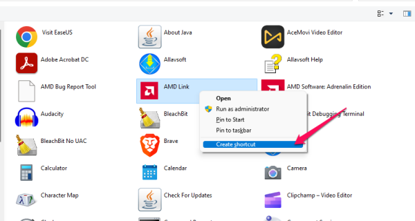 Select Create shortcut.