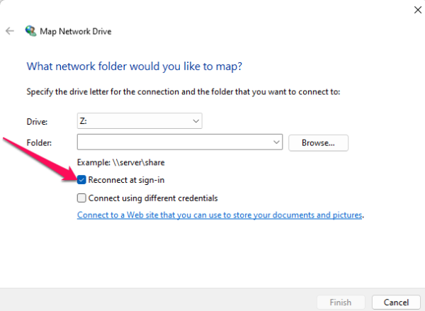 select the Reconnect at sign-in checkbox.