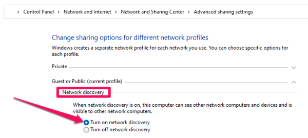 Select the Turn on network discovery radio button.