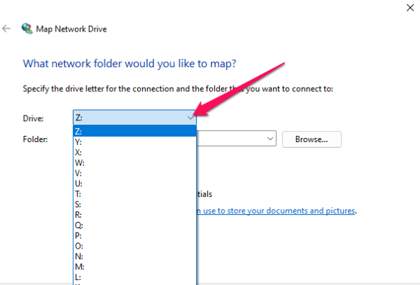 Select the drive letter you want to use for the network drive.