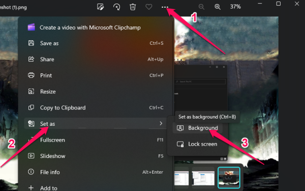 Select the three dots button at the upper of the window > Set as > Set as background.