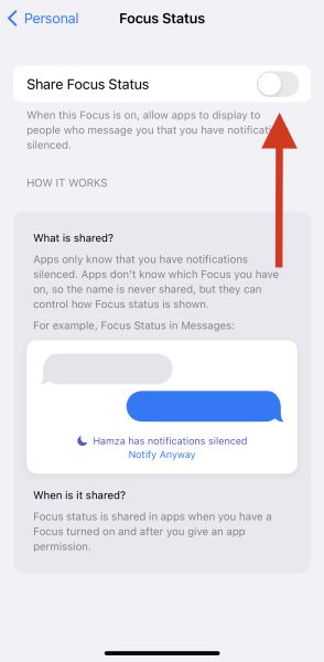 Turning On the Option to Share Focus Status with Contacts