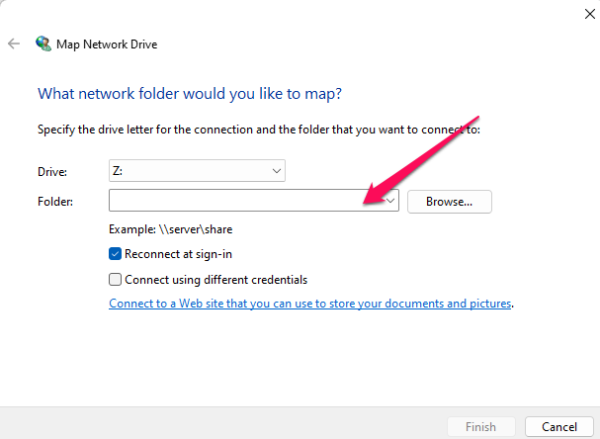 Type in the path of the shared folder you want to map.