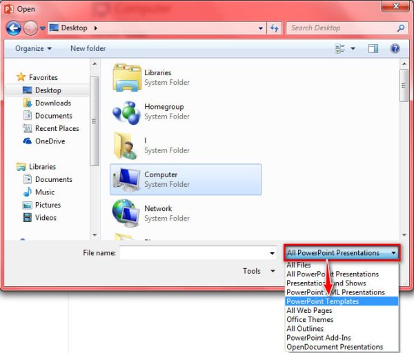 PowerPoint All powerpoint presentation option in open dialogue box