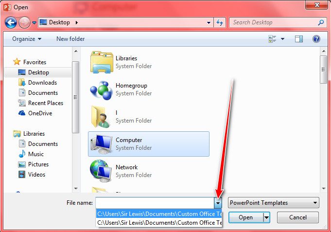 PowerPoint File name option in open dialogue box