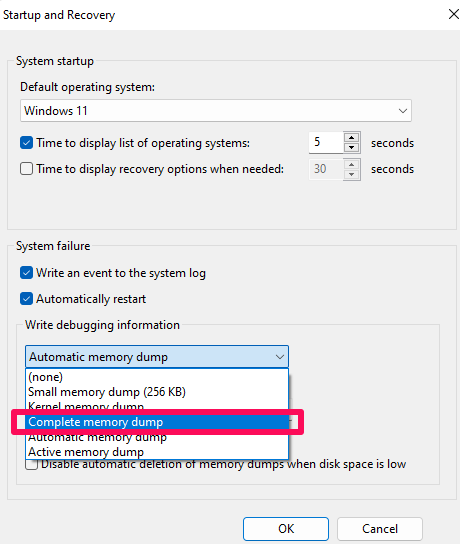 Select Complete memory dump.